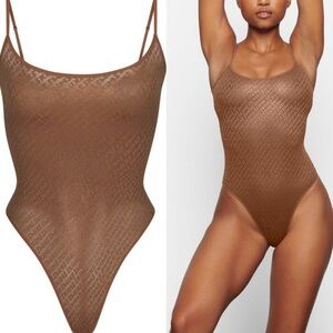 SKIMS Logo Brown Mesh Foil Cami Bodysuit / Size XS